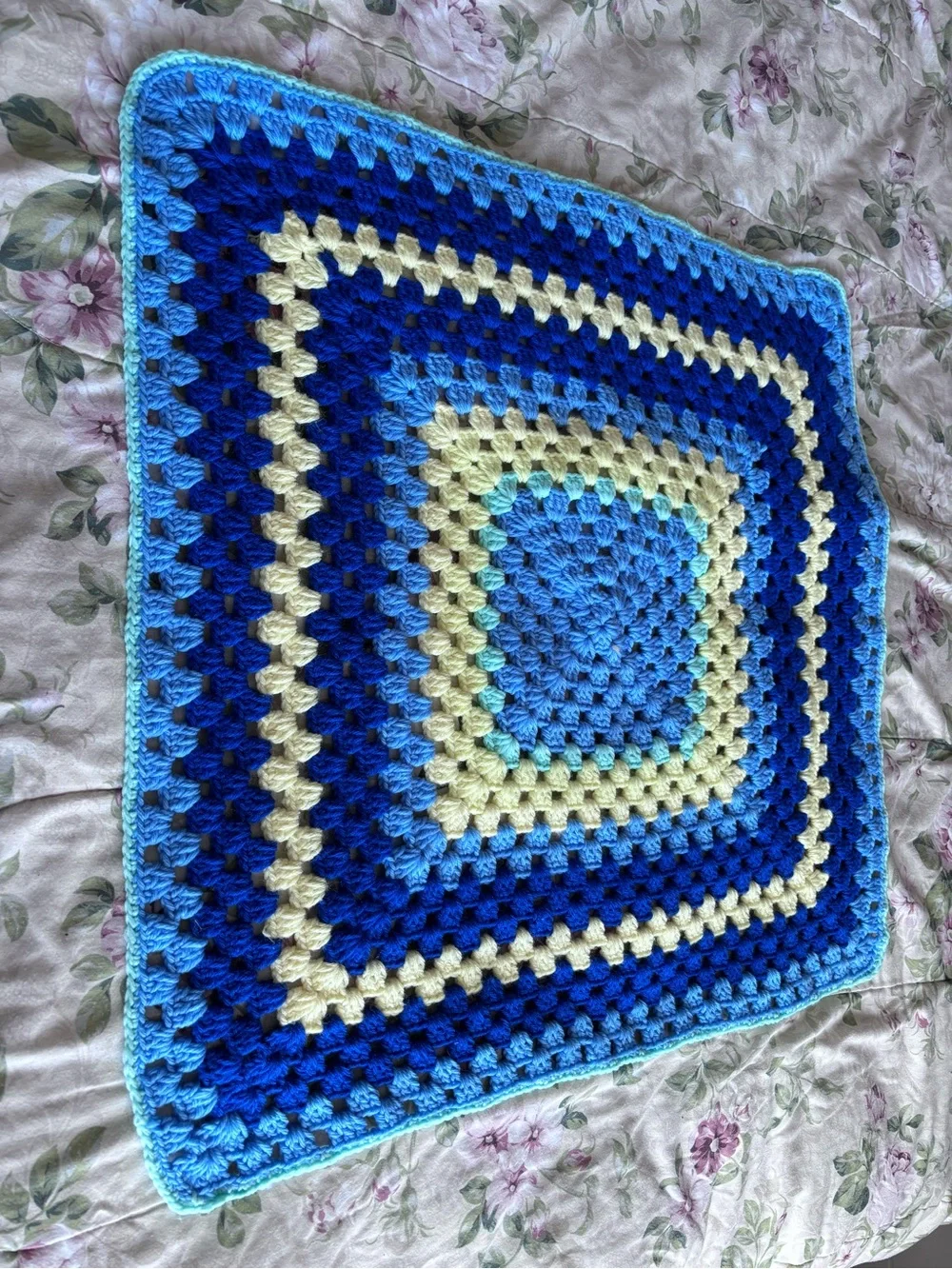 Handmade Blue and Cream/Yellow Crochet Granny Square Throw - Baby Blanket 27x27